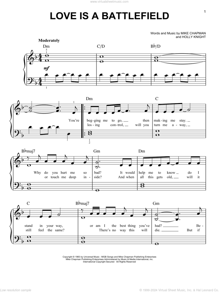 Love Is A Battlefield sheet music for piano solo by Pat Benatar, Holly Knight and Mike Chapman, easy skill level