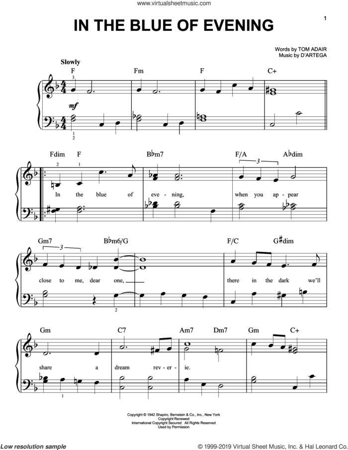 In The Blue Of Evening sheet music for piano solo by D'Artega and Tom Adair, easy skill level