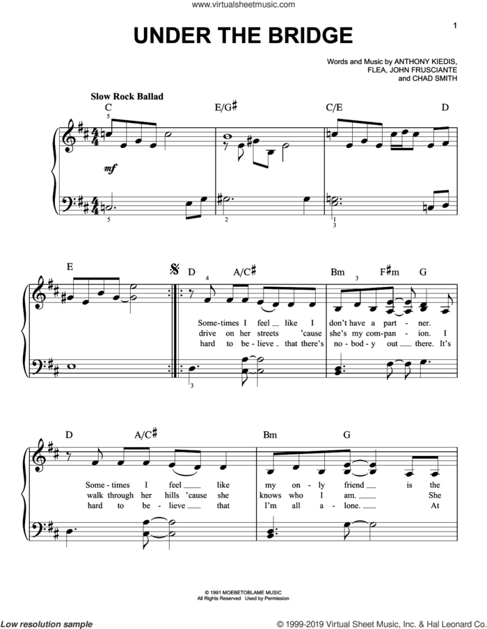 Under The Bridge sheet music for piano solo by Red Hot Chili Peppers, Anthony Kiedis, Chad Smith, Flea and John Frusciante, easy skill level