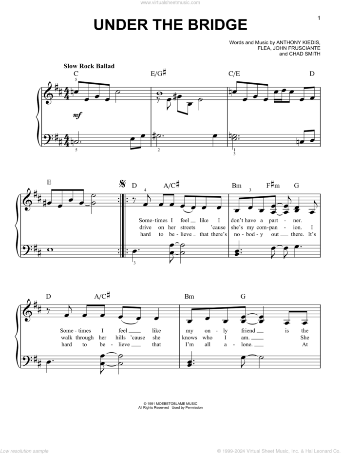 Under The Bridge sheet music for piano solo by Red Hot Chili Peppers, Anthony Kiedis, Chad Smith, Flea and John Frusciante, easy skill level