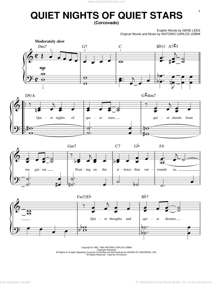 Quiet Nights Of Quiet Stars (Corcovado) sheet music for piano solo by Andy Williams, Antonio Carlos Jobim and Eugene John Lees, easy skill level