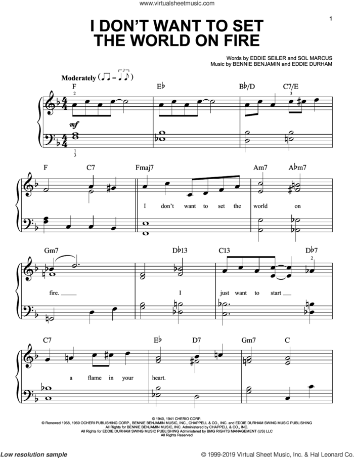 I Don't Want To Set The World On Fire sheet music for piano solo by Sol Marcus, Bennie Benjamin, Eddie Durham and Eddie Seiler, easy skill level