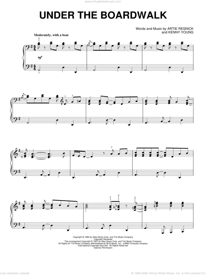 Under The Boardwalk, (intermediate) sheet music for piano solo by The Drifters, Artie Resnick and Kenny Young, intermediate skill level