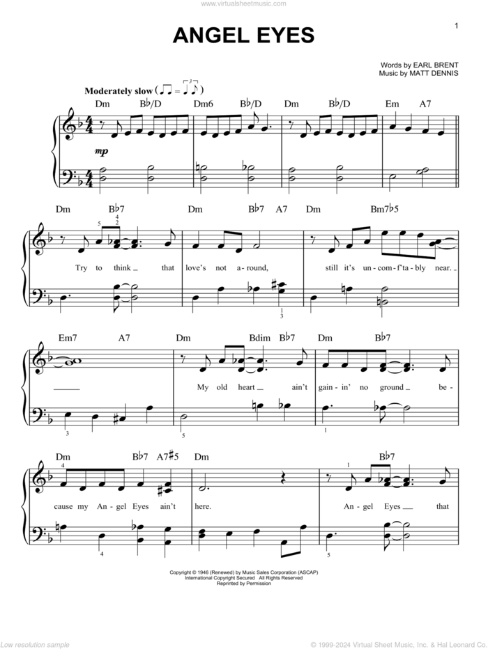 Angel Eyes, (easy) sheet music for piano solo by Frank Sinatra, Earl Brent and Matt Dennis, easy skill level