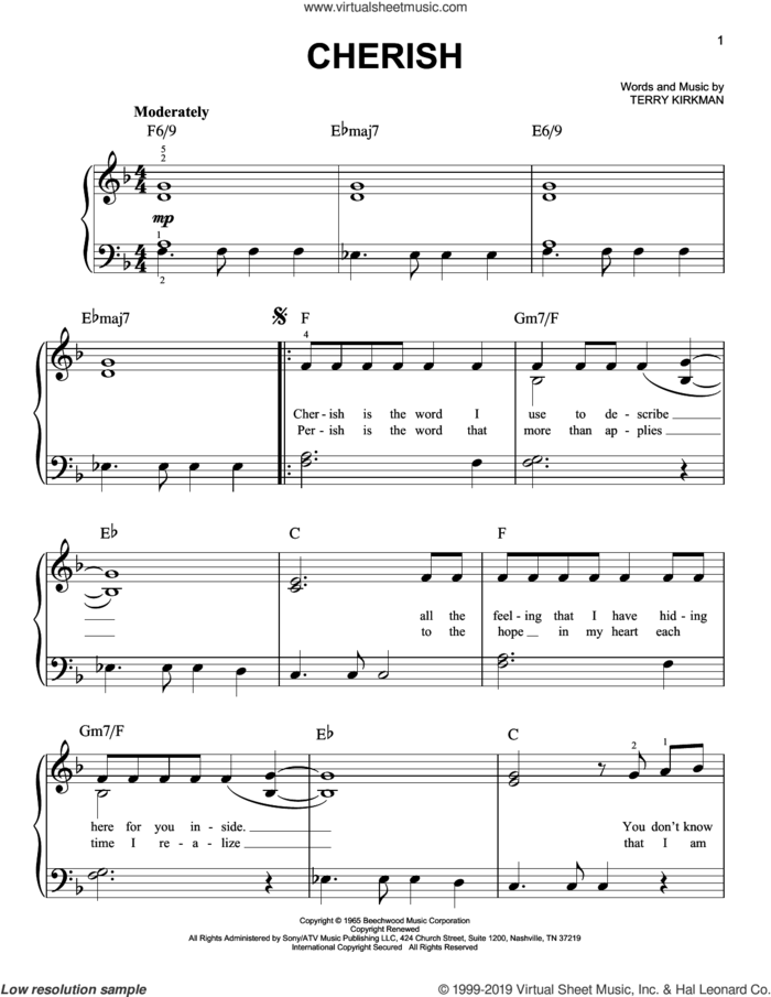 Cherish sheet music for piano solo by The Association and Terry Kirkman, easy skill level