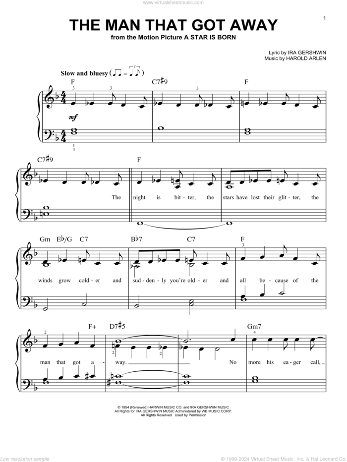 The Man That Got Away, (easy) sheet music for piano solo by Harold Arlen and Ira Gershwin, easy skill level