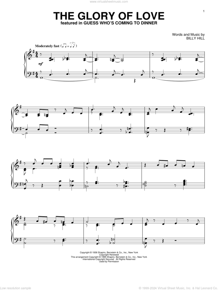 The Glory Of Love sheet music for piano solo by Count Basie and Billy Hill, intermediate skill level