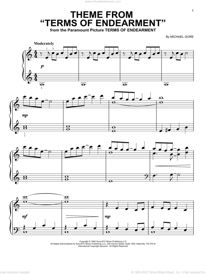 Theme From 'Terms Of Endearment' sheet music for piano solo by Michael Gore, easy skill level