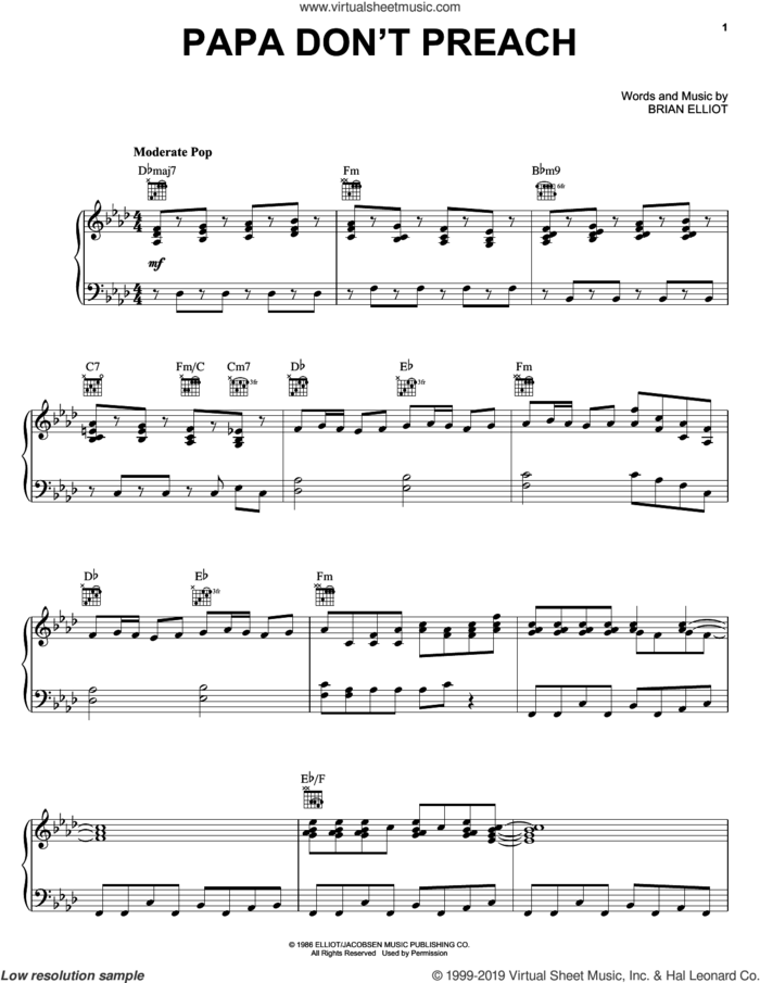 Papa Don't Preach sheet music for voice, piano or guitar by Madonna and Brian Elliot, intermediate skill level