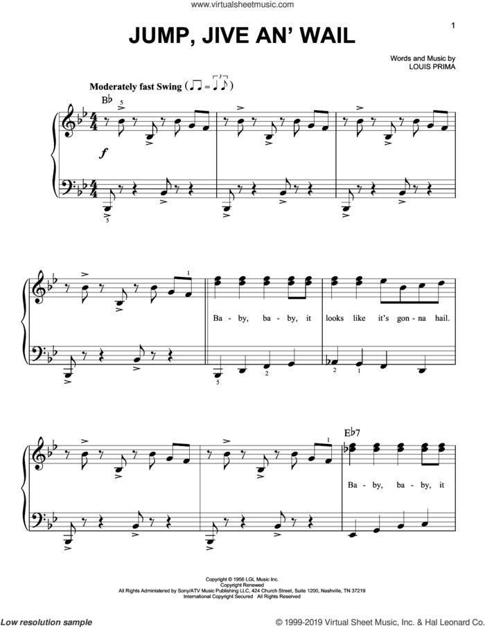 Jump, Jive An' Wail sheet music for piano solo by Louis Prima and Brian Setzer, easy skill level