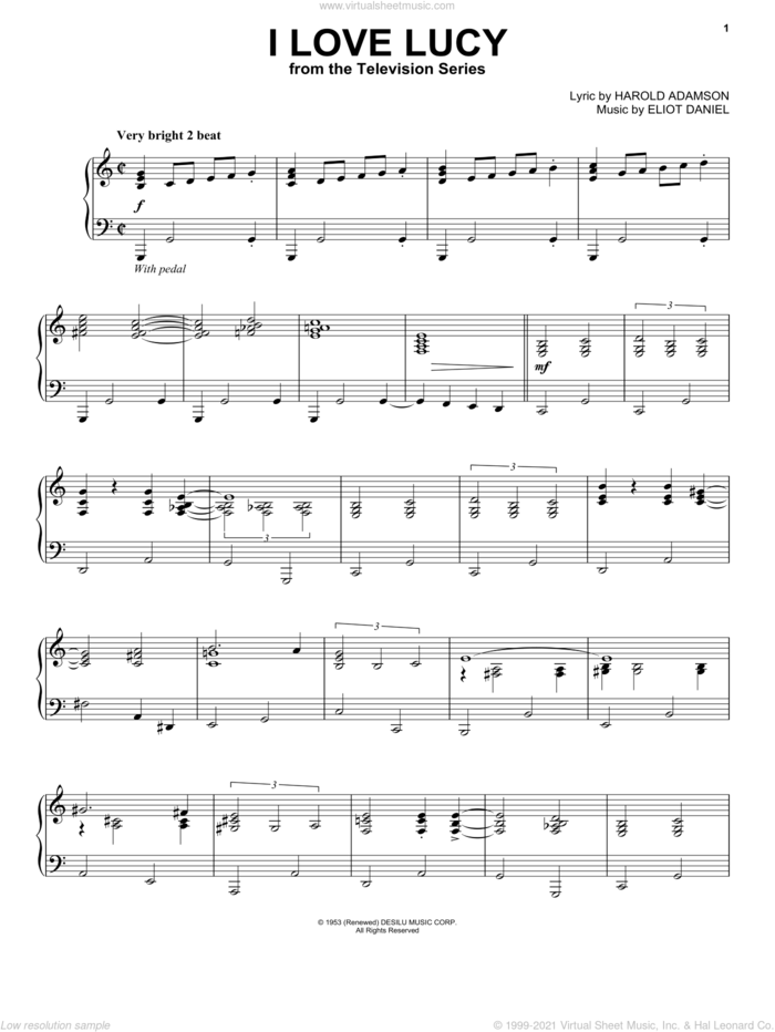 I Love Lucy sheet music for piano solo by Harold Adamson and Eliot Daniel, intermediate skill level