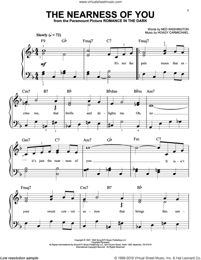 The Nearness Of You, (easy) sheet music for piano solo by Hoagy Carmichael and Ned Washington, easy skill level