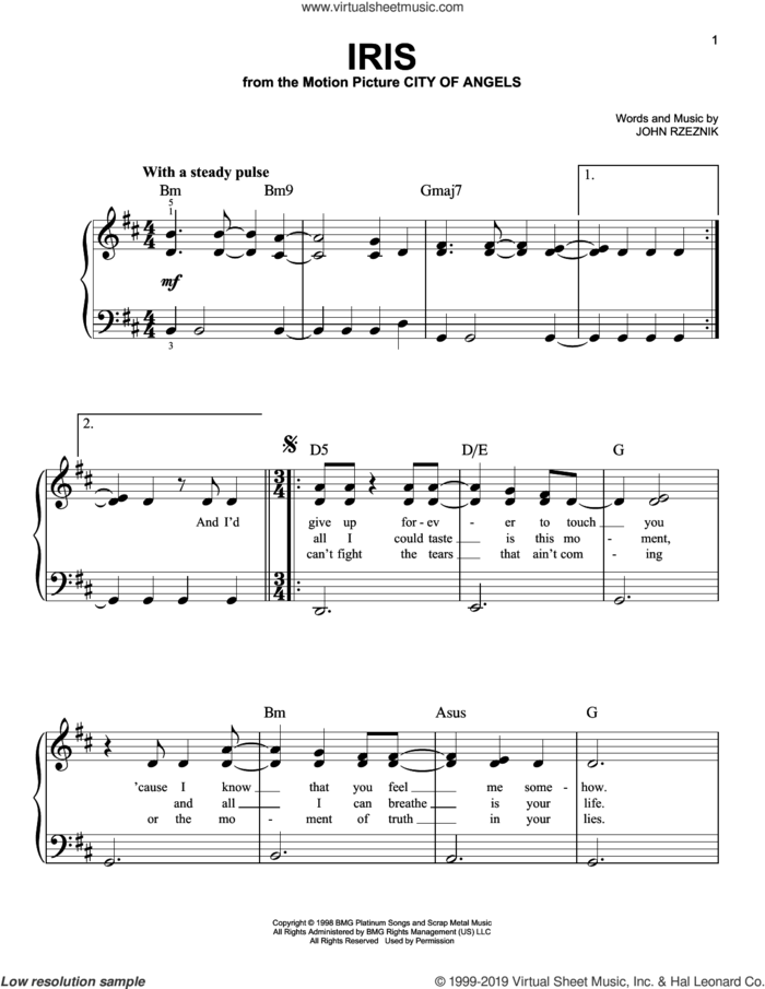 Iris sheet music for piano solo by Goo Goo Dolls and John Rzeznik, easy skill level