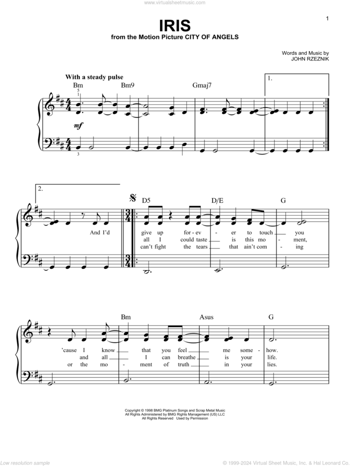 Iris, (easy) sheet music for piano solo by Goo Goo Dolls and John Rzeznik, easy skill level