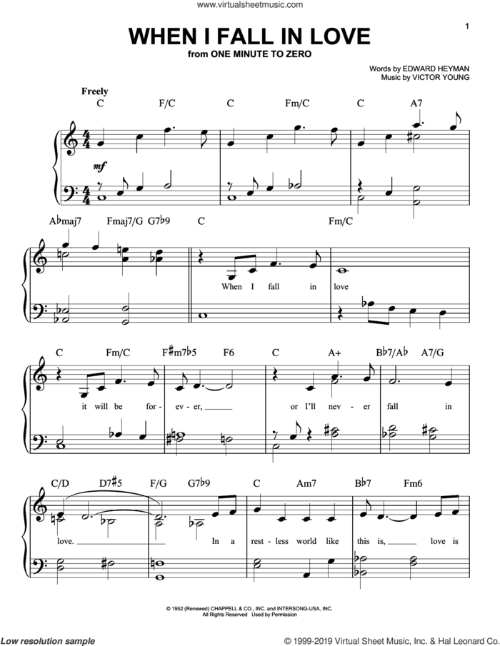 When I Fall In Love sheet music for piano solo by Nat King Cole, Edward Heyman and Victor Young, easy skill level