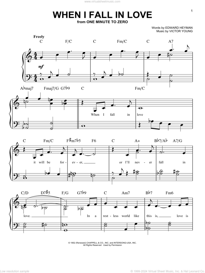 When I Fall In Love sheet music for piano solo by Nat King Cole, Edward Heyman and Victor Young, easy skill level