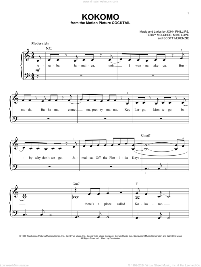 Kokomo, (easy) sheet music for piano solo by The Beach Boys, John Phillips, Mike Love, Scott McKenzie and Terry Melcher, easy skill level