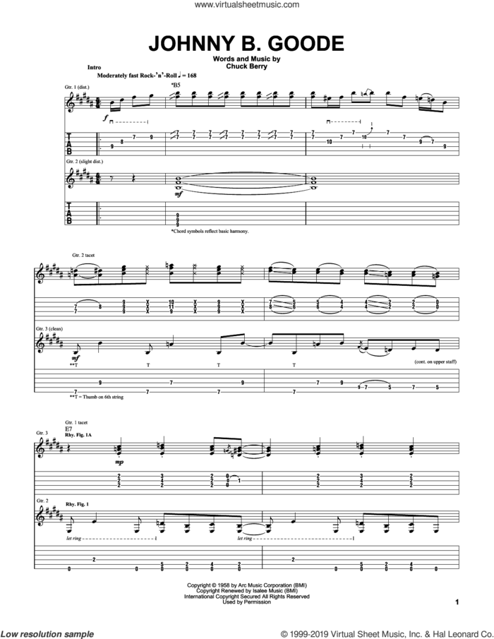 Johnny B. Goode sheet music for guitar (tablature) by Johnny Winter and Chuck Berry, intermediate skill level