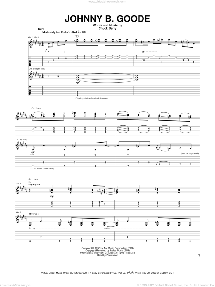 Johnny B. Goode sheet music for guitar (tablature) by Johnny Winter and Chuck Berry, intermediate skill level