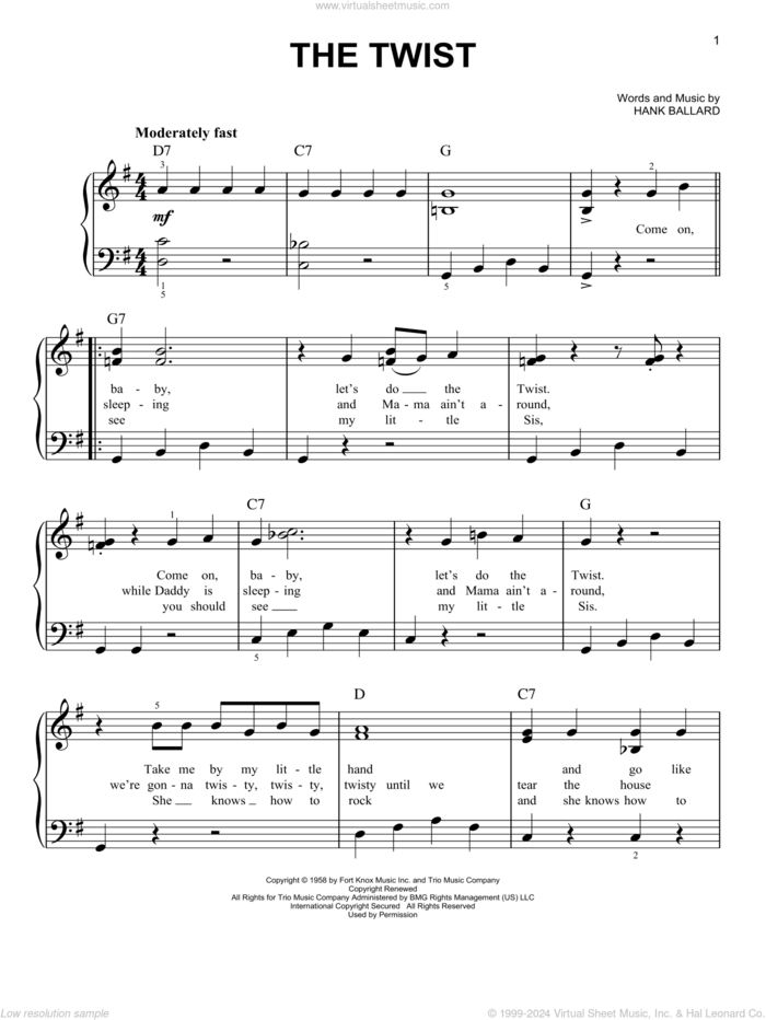 The Twist sheet music for piano solo by Chubby Checker and Hank Ballard, easy skill level