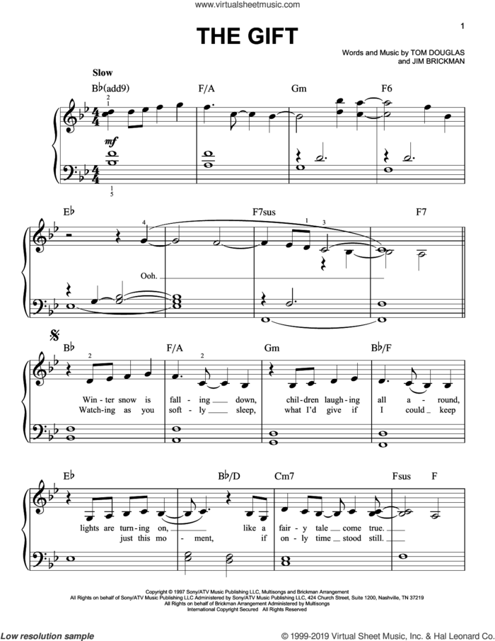 The Gift sheet music for piano solo by Jim Brickman and Tom Douglas, easy skill level