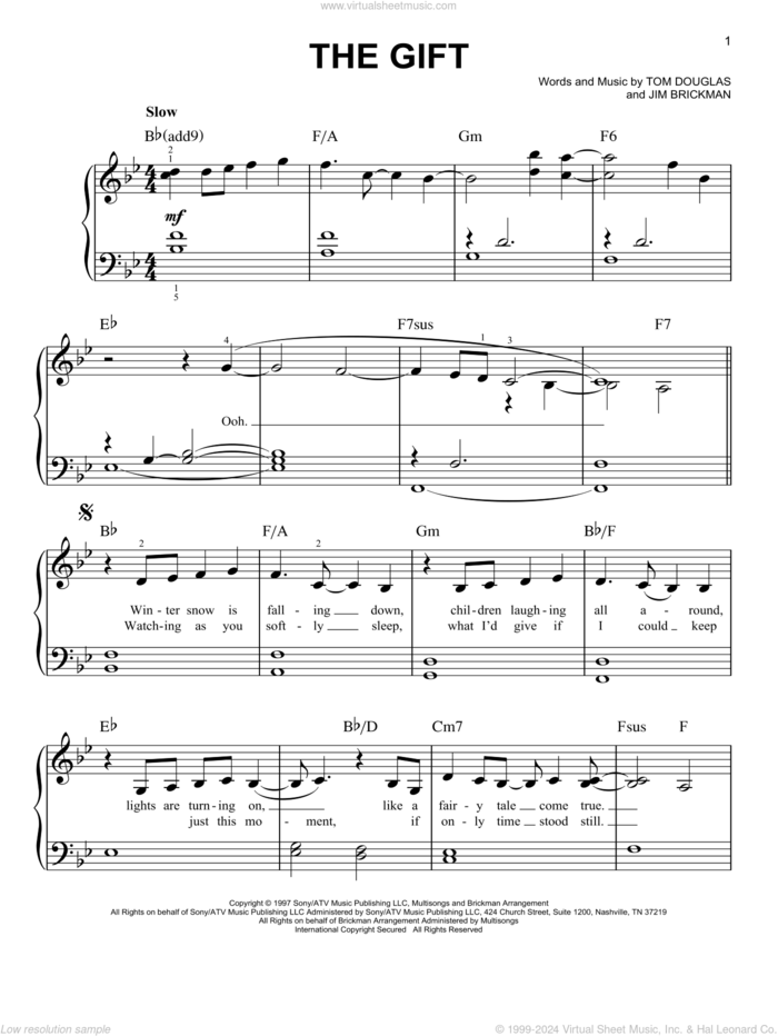 The Gift, (easy) sheet music for piano solo by Jim Brickman and Tom Douglas, easy skill level