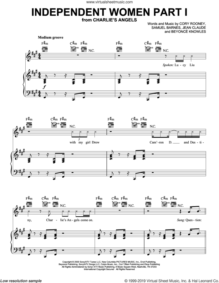 Independent Women Part I sheet music for voice, piano or guitar by Destiny's Child, Beyonce, Cory Rooney, Jean Claude Olivier and Samuel Barnes, intermediate skill level