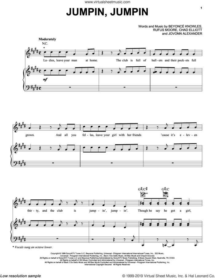 Jumpin, Jumpin sheet music for voice, piano or guitar by Destiny's Child, Beyonce, Chad Elliott, Jovonn Alexander and Rufus Moore, intermediate skill level