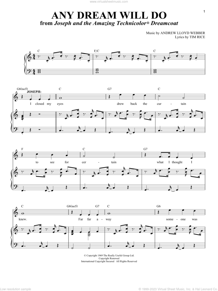 Any Dream Will Do (from Joseph And The Amazing Technicolor Dreamcoat) sheet music for voice and piano by Andrew Lloyd Webber, Richard Walters and Tim Rice, intermediate skill level