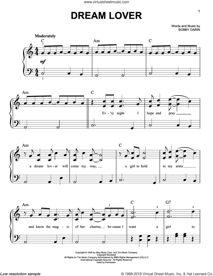 Dream Lover sheet music for piano solo by Bobby Darin, easy skill level