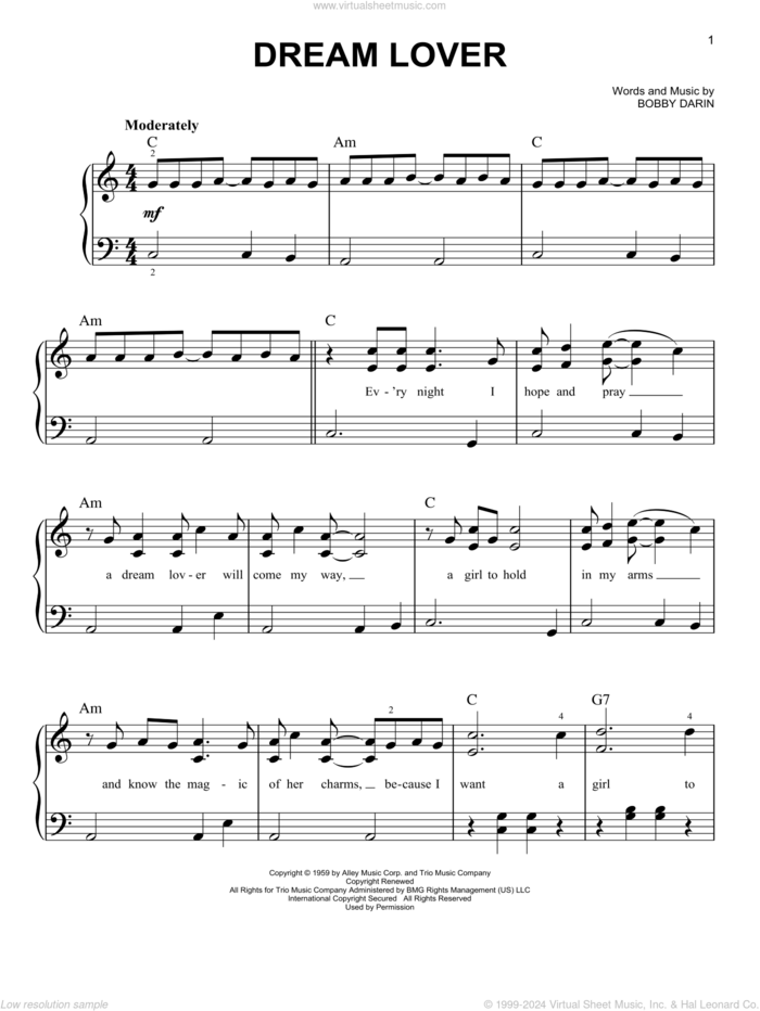 Dream Lover sheet music for piano solo by Bobby Darin, easy skill level