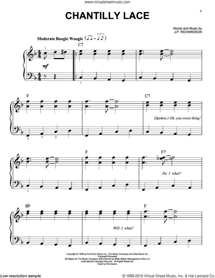 Chantilly Lace sheet music for piano solo by Big Bopper, Jerry Lee Lewis and J.P. Richardson, easy skill level