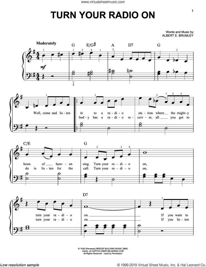 Turn Your Radio On, (easy) sheet music for piano solo by Albert E. Brumley, easy skill level