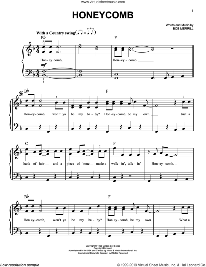 Honeycomb sheet music for piano solo by Jimmie Rodgers and Bob Merrill, easy skill level