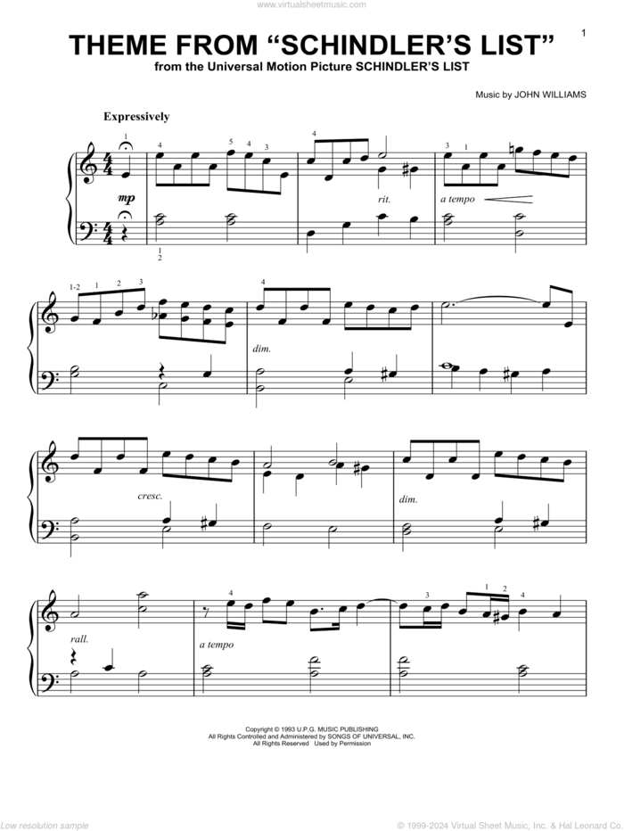 Theme From 'Schindler's List' sheet music for piano solo by John Williams, beginner skill level