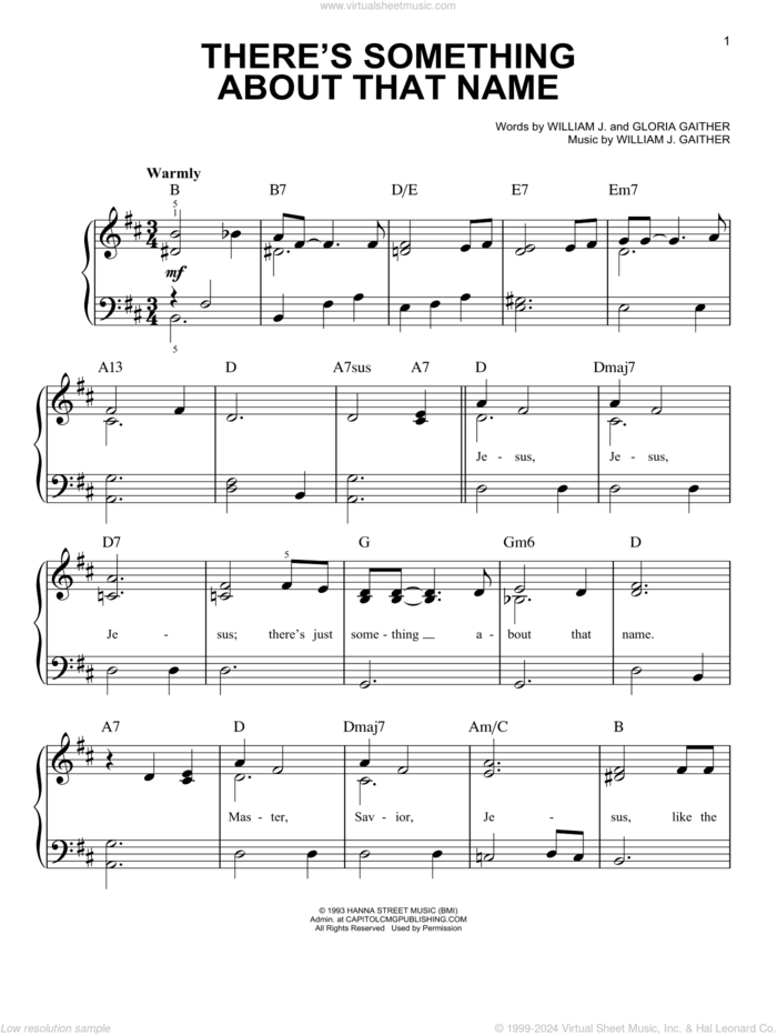 There's Something About That Name sheet music for piano solo by Bill & Gloria Gaither, Gloria Gaither and William J. Gaither, easy skill level