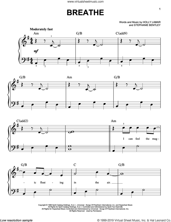 Breathe sheet music for piano solo by Faith Hill, Holly Lamar and Stephanie Bentley, easy skill level