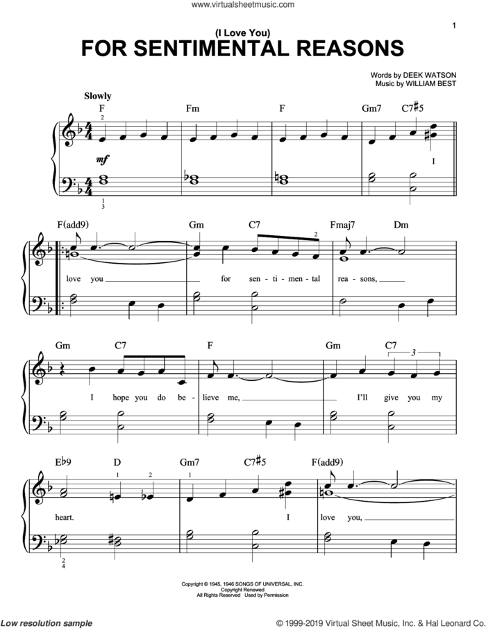 (I Love You) For Sentimental Reasons sheet music for piano solo by King Cole Trio, Deek Watson and William Best, easy skill level