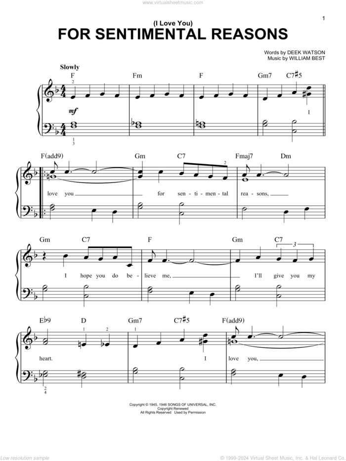 (I Love You) For Sentimental Reasons sheet music for piano solo by King Cole Trio, Deek Watson and William Best, easy skill level