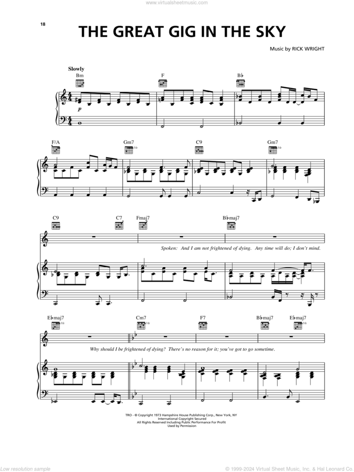 The Great Gig In The Sky sheet music for voice, piano or guitar by Pink Floyd and Richard Wright, intermediate skill level