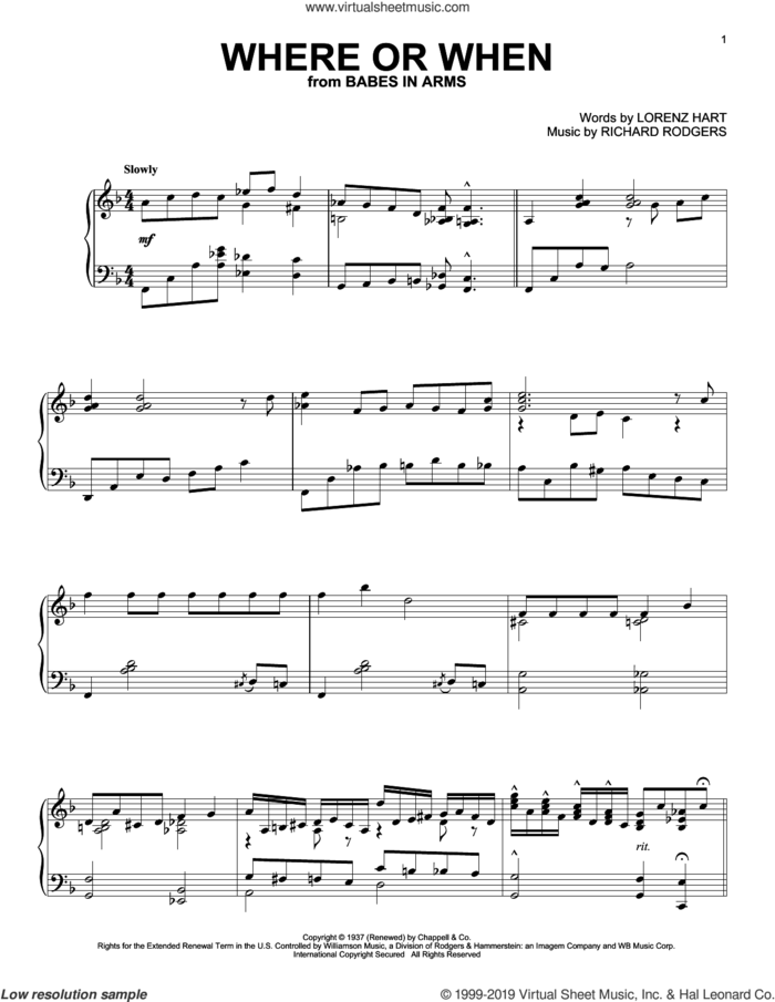 Where Or When sheet music for piano solo by Rodgers & Hart, Alan Jay Lerner, Lorenz Hart and Richard Rodgers, intermediate skill level