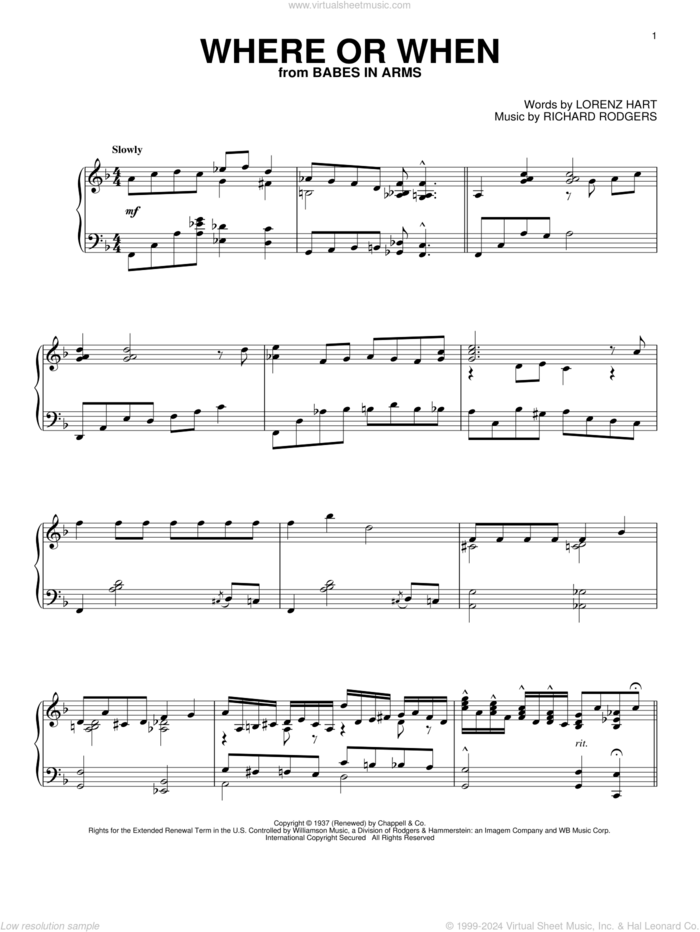 Where Or When sheet music for piano solo by Rodgers & Hart, Alan Jay Lerner, Lorenz Hart and Richard Rodgers, intermediate skill level