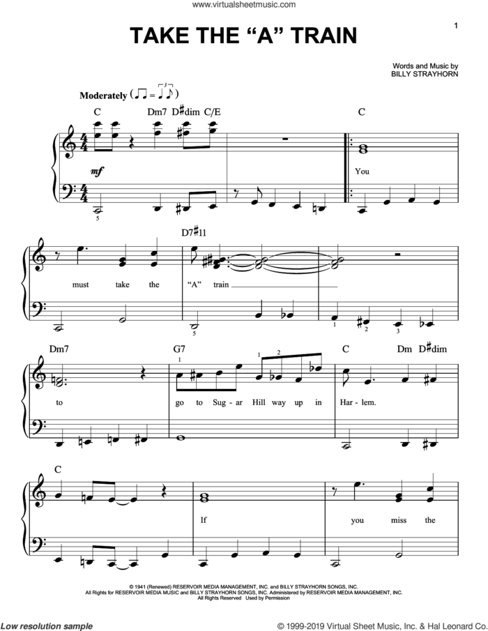 Take The 'A' Train sheet music for piano solo by Duke Ellington and Billy Strayhorn, easy skill level