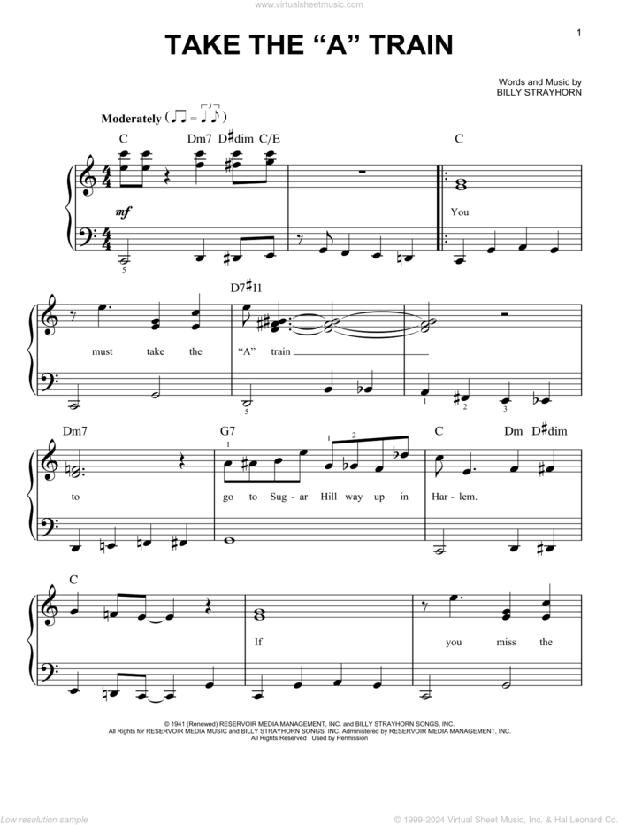 Take The 'A' Train, (easy) sheet music for piano solo by Duke Ellington and Billy Strayhorn, easy skill level