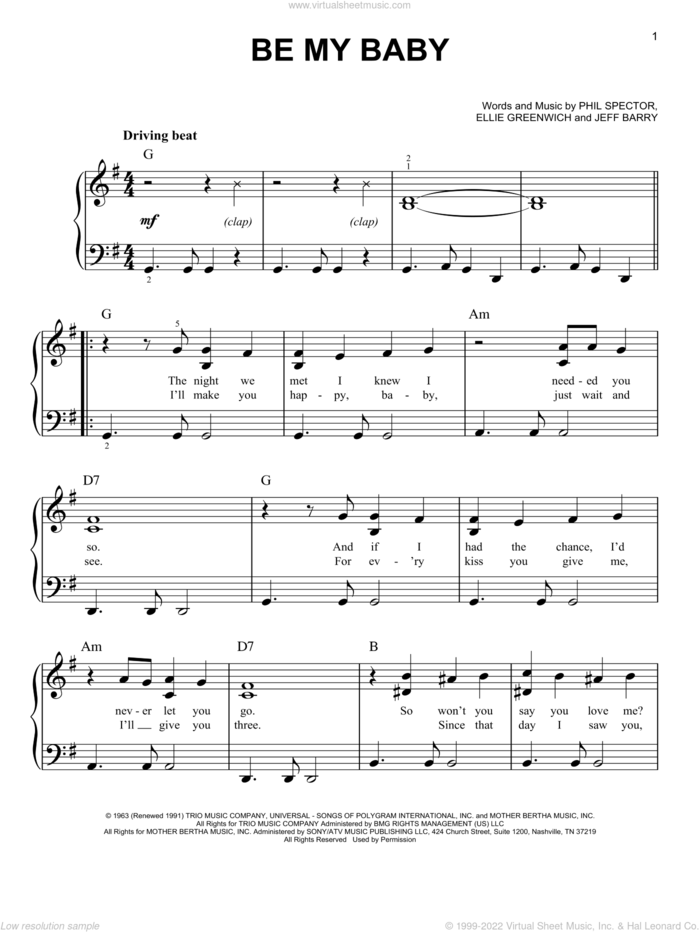 Be My Baby sheet music for piano solo by Ronettes, Ellie Greenwich and Jeff Barry, easy skill level