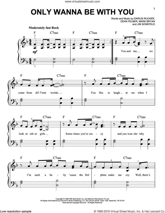 Only Wanna Be With You sheet music for piano solo by Hootie & The Blowfish, Darius Carlos Rucker, Everett Dean Felber, James George Sonefeld and Mark William Bryan, easy skill level