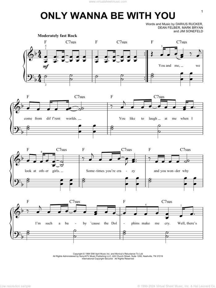 Only Wanna Be With You sheet music for piano solo by Hootie & The Blowfish, Darius Carlos Rucker, Everett Dean Felber, James George Sonefeld and Mark William Bryan, easy skill level