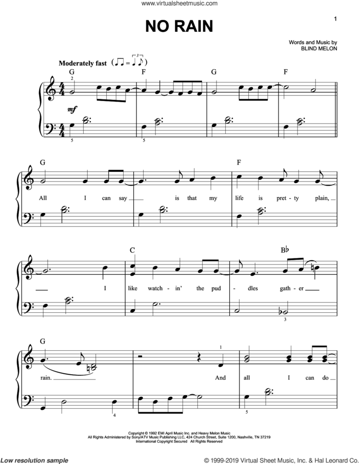 No Rain sheet music for piano solo by Blind Melon, easy skill level