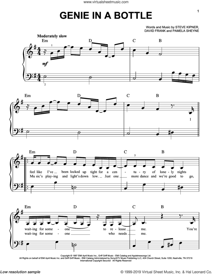 Genie In A Bottle sheet music for piano solo by Christina Aguilera, David Frank, Pam Sheyne and Steve Kipner, easy skill level