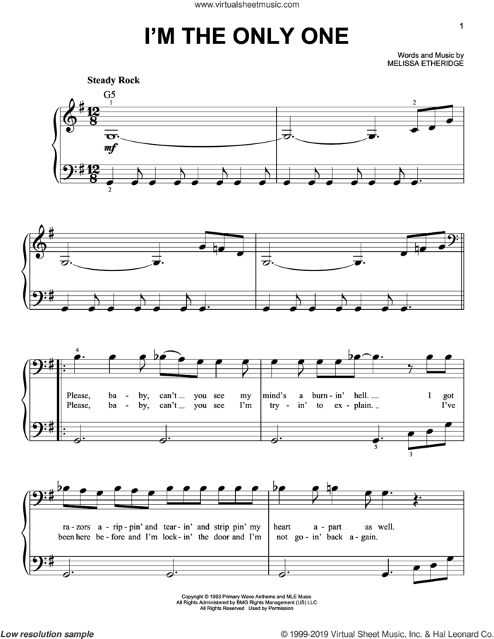 I'm The Only One sheet music for piano solo by Melissa Etheridge, easy skill level